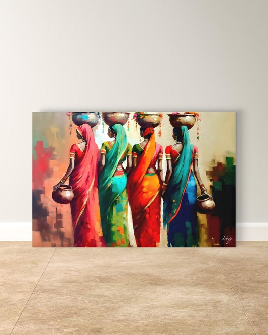Indian Women Wall Art Horizontal Canvas Print, Colorful Saree Oil Painting Print, Village Life Wall Decor, Rustic Cultural Home Accent