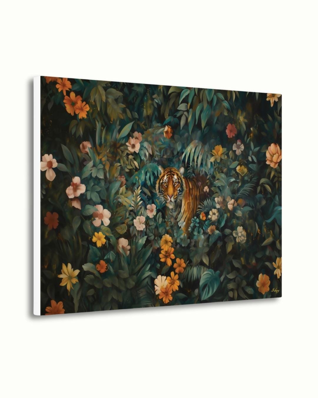 Tiger Wall Art Canvas, Bengal Tiger Jungle Print, Tropical Botanical Home Decor, Safari Nursery Decor, Poster Framed Canvas & Art Print Gift, Tiger Wall Art Jungle Print, Floral Safari Animal Canvas, Dark Jungle Wall Decor, Bold Nature Painting, Wildlife Canvas for Home Decor