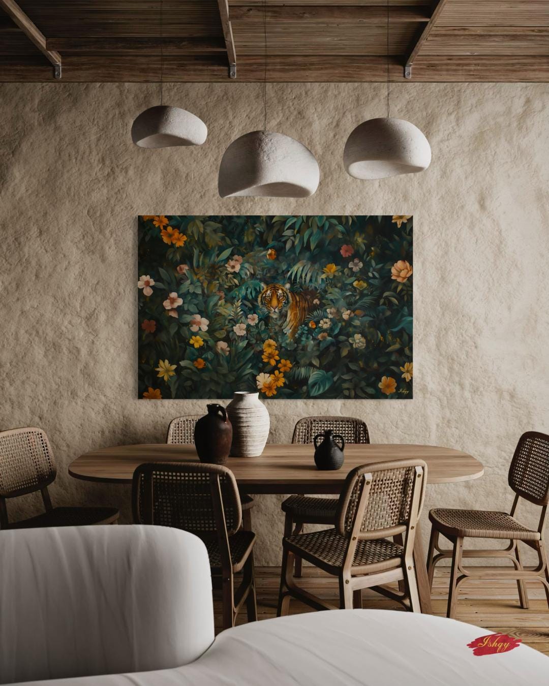 Tiger Wall Art Canvas, Bengal Tiger Jungle Print, Tropical Botanical Home Decor, Safari Nursery Decor, Poster Framed Canvas & Art Print Gift, Tiger Wall Art Jungle Print, Floral Safari Animal Canvas, Dark Jungle Wall Decor, Bold Nature Painting, Wildlife Canvas for Home Decor