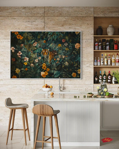 Tiger Wall Art Canvas, Bengal Tiger Jungle Print, Tropical Botanical Home Decor, Safari Nursery Decor, Poster Framed Canvas & Art Print Gift, Tiger Wall Art Jungle Print, Floral Safari Animal Canvas, Dark Jungle Wall Decor, Bold Nature Painting, Wildlife Canvas for Home Decor