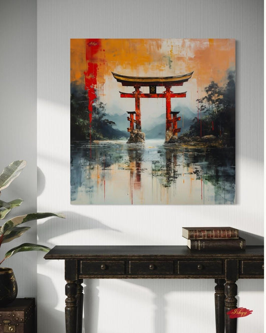 Torii Gate Wall Art Square Canvas Print, Japanese Shrine Landscape Painting, Spiritual Home Decor, Zen Framed Canvas Art for Entryway