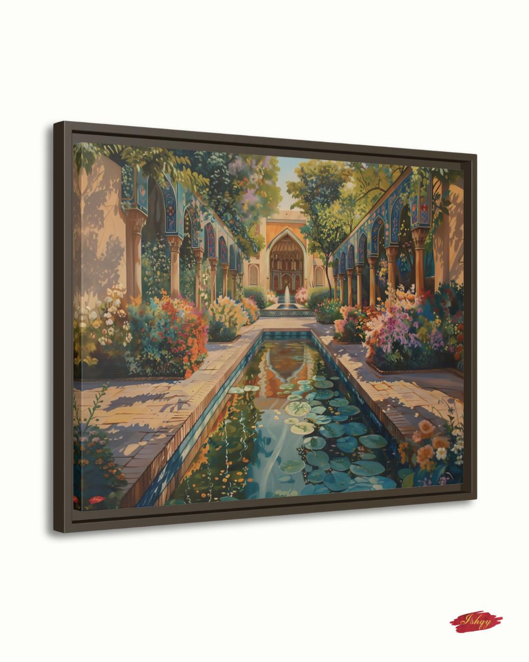 Persian Garden Wall Art Canvas Print of Shiraz Courtyard, Islamic Architecture Art Print, Colorful Floral Home Decor Landscape