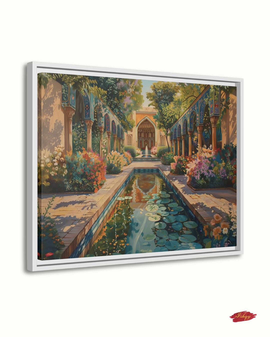 Persian Garden Wall Art Canvas Print of Shiraz Courtyard, Islamic Architecture Art Print, Colorful Floral Home Decor Landscape