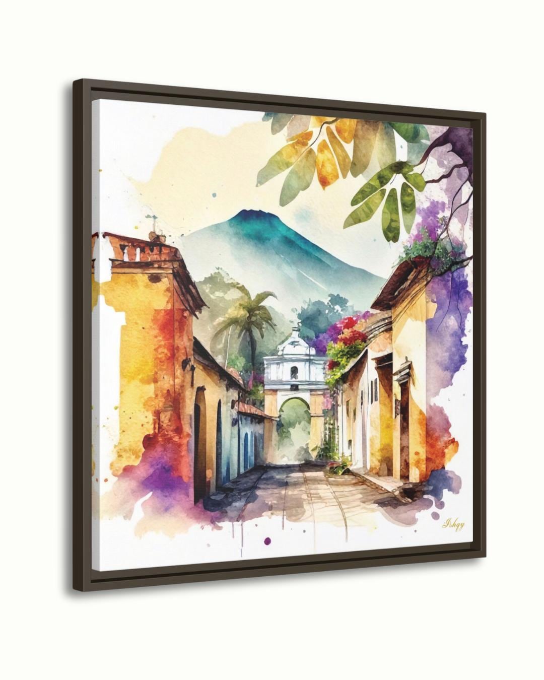 Antigua Guatemala Wall Art Square Canvas Print, Colonial Street Painting Print, Watercolor Cityscape Wall Decor, Framed Travel Art for Home