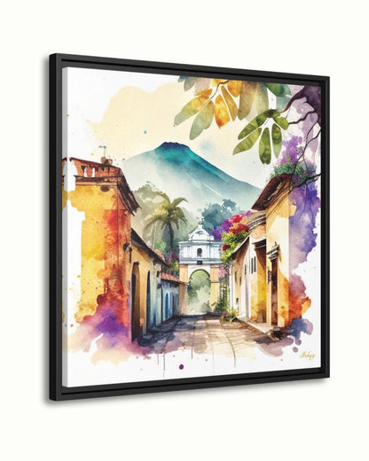 Antigua Guatemala Wall Art Square Canvas Print, Colonial Street Painting Print, Watercolor Cityscape Wall Decor, Framed Travel Art for Home