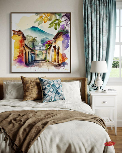 Antigua Guatemala Wall Art Square Canvas Print, Colonial Street Painting Print, Watercolor Cityscape Wall Decor, Framed Travel Art for Home