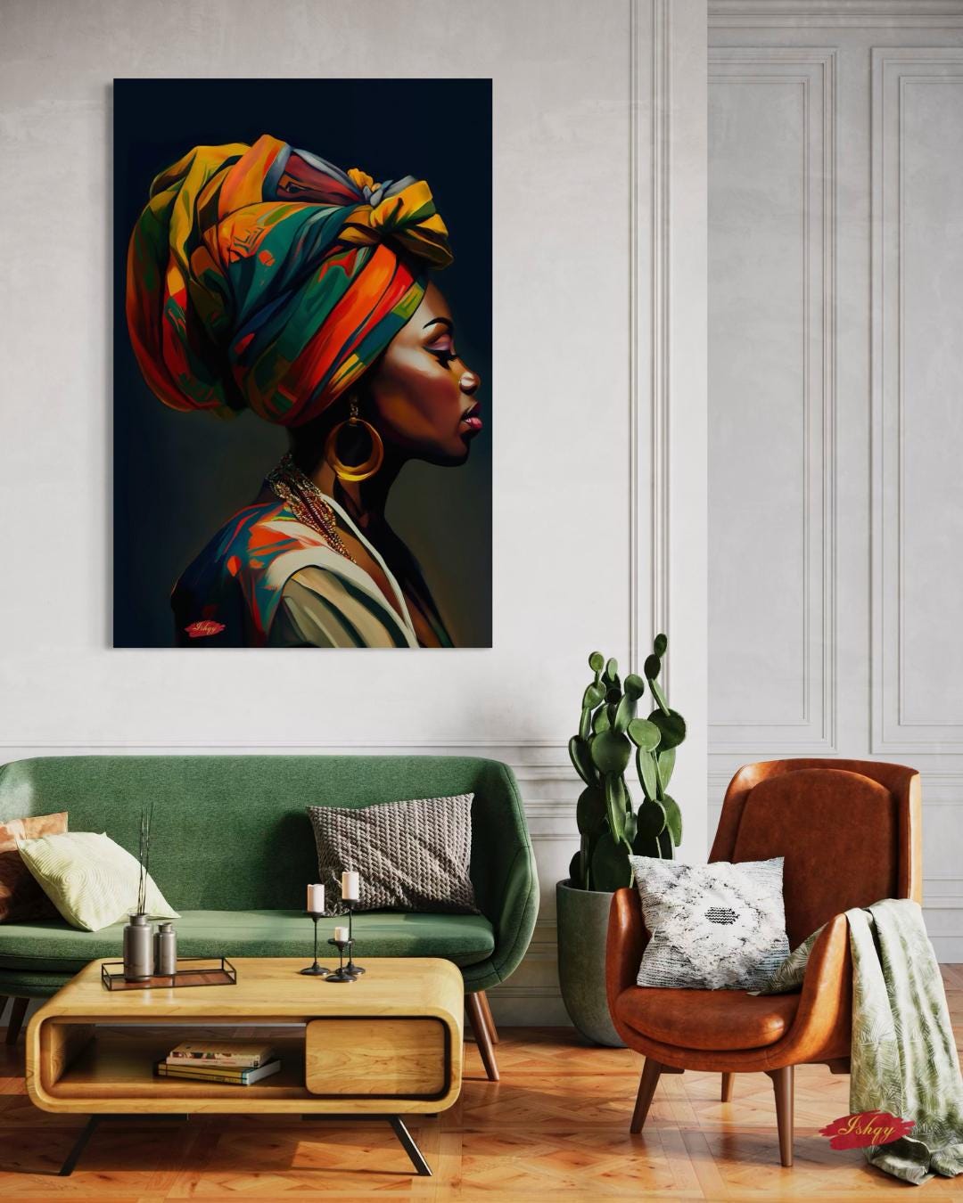 African Woman Wall Art Print, Vibrant Headwrap Canvas, Cultural Home Decor, Framed African Portrait, Black Woman Art, Tribal Wall Decor

Celebrate culture and elegance with this striking African woman canvas print, featuring a colorful headwrap and powerful profile. This artwork brings warmth, identity, and sophistication to your walls — perfect as home decor or a meaningful gift. Ideal for living rooms, bedrooms, or offices.