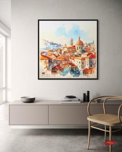 Dubrovnik Wall Art Canvas Print of Croatian Cityscape, Watercolor Painting with Terracotta Roofs, Square Travel Decor for Living Room