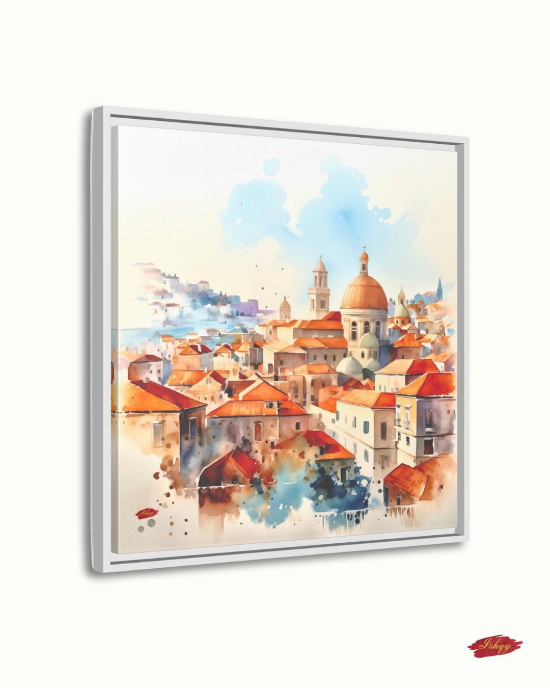 Dubrovnik Wall Art Canvas Print of Croatian Cityscape, Watercolor Painting with Terracotta Roofs, Square Travel Decor for Living Room