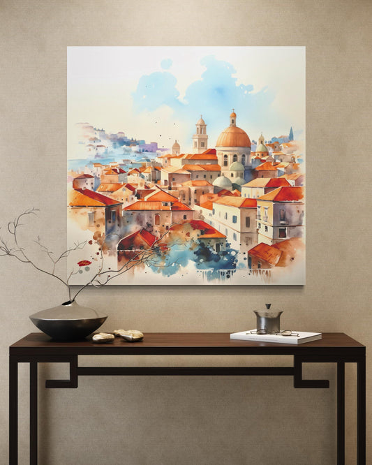 Dubrovnik Wall Art Canvas Print of Croatian Cityscape, Watercolor Painting with Terracotta Roofs, Square Travel Decor for Living Room