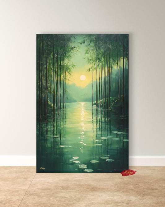 Bamboo Forest Wall Art Canvas Print with Water Reflection, Green Nature Landscape Painting, Vertical Zen Home Decor for Bedroom or Spa