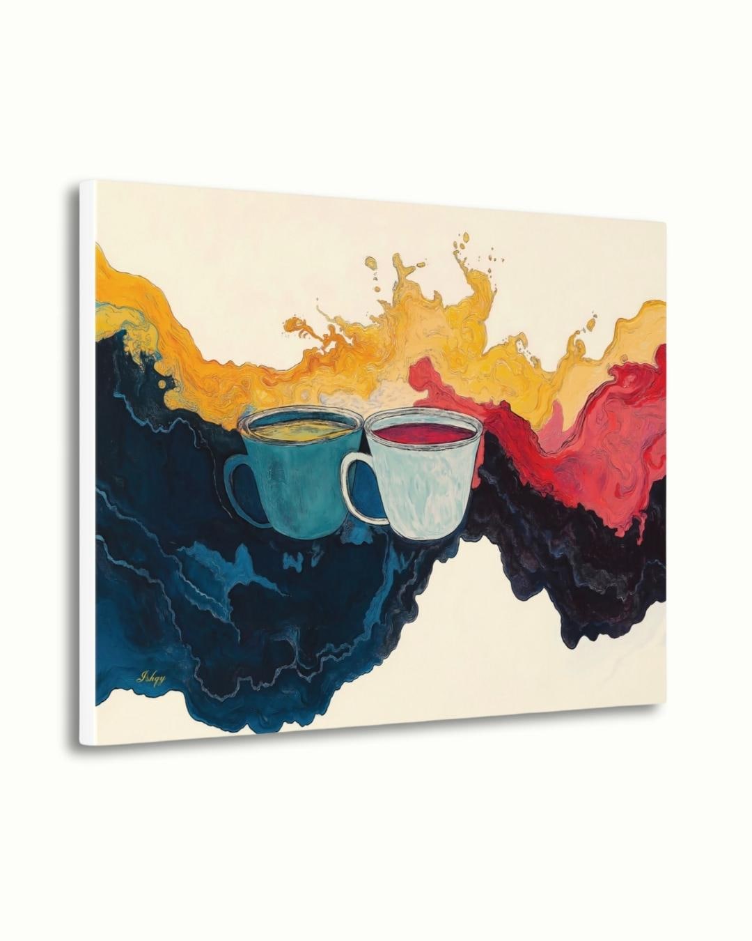 Coffee and Tea Abstract Wall Art Print, Colorful Mug Painting Canvas, Kitchen Drink Splash Home Decor, Framed Art for Coffee Bar
Liquid Dance art print with swirling coffee & tea abstract design. Canvas & framed canvas painting print for kitchen, cafe, or modern home decor.