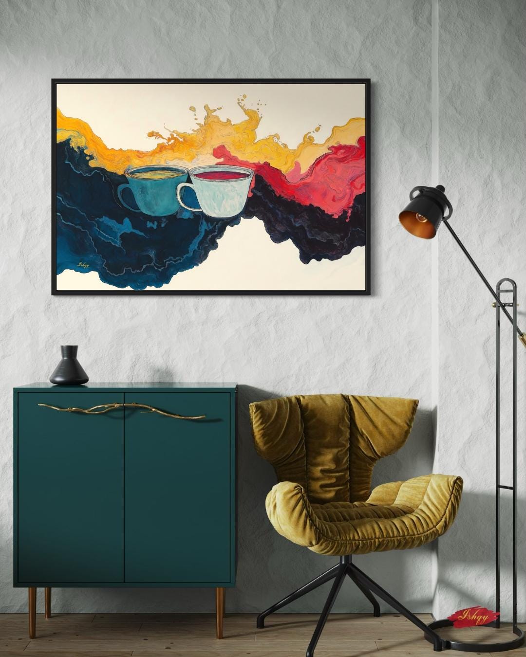 Coffee and Tea Abstract Wall Art Print, Colorful Mug Painting Canvas, Kitchen Drink Splash Home Decor, Framed Art for Coffee Bar
Liquid Dance art print with swirling coffee & tea abstract design. Canvas & framed canvas painting print for kitchen, cafe, or modern home decor.