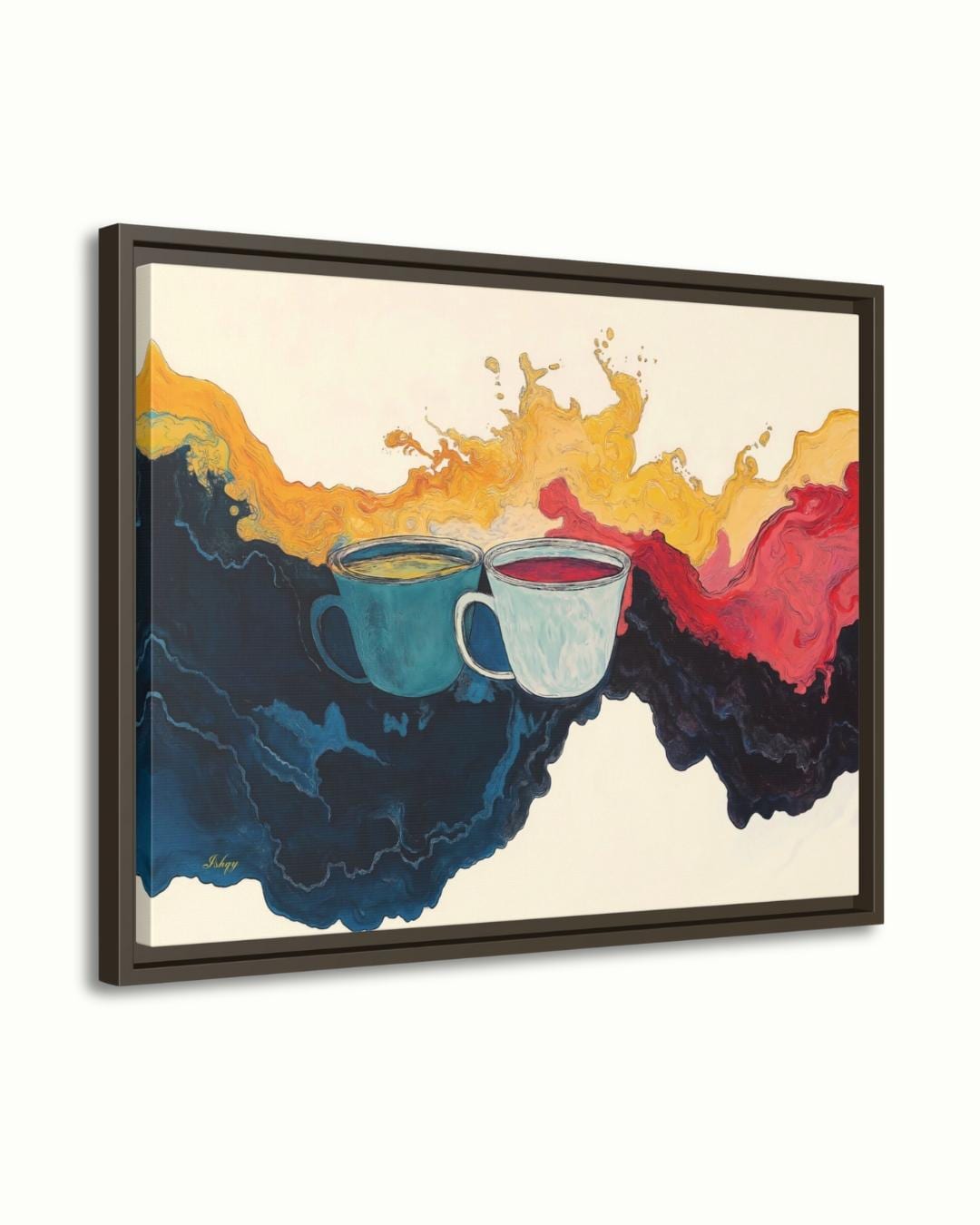 Coffee and Tea Abstract Wall Art Print, Colorful Mug Painting Canvas, Kitchen Drink Splash Home Decor, Framed Art for Coffee Bar
Liquid Dance art print with swirling coffee & tea abstract design. Canvas & framed canvas painting print for kitchen, cafe, or modern home decor.