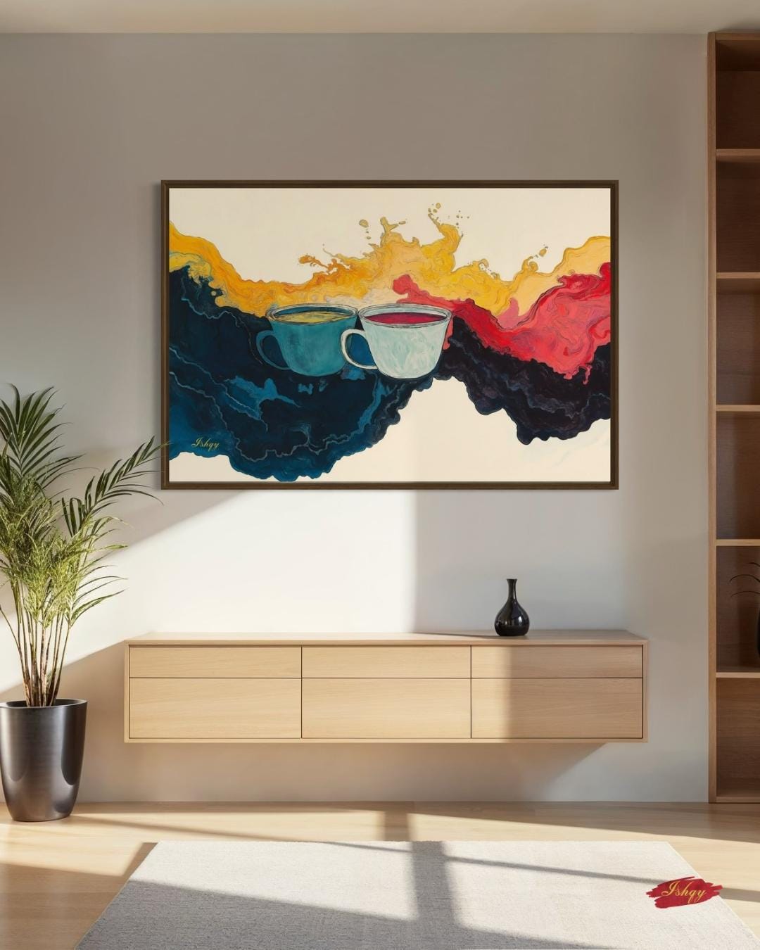 Coffee and Tea Abstract Wall Art Print, Colorful Mug Painting Canvas, Kitchen Drink Splash Home Decor, Framed Art for Coffee Bar
Liquid Dance art print with swirling coffee & tea abstract design. Canvas & framed canvas painting print for kitchen, cafe, or modern home decor.