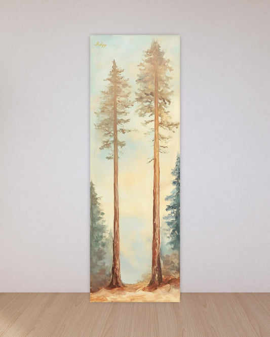 Twin Pines art print of two elegant forest trees under a soft sky. Canvas & framed canvas painting print, perfect for calm, nature-inspired home decor.