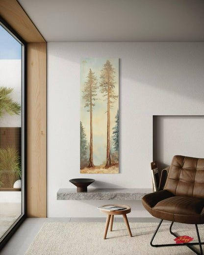 Twin Pines art print of two elegant forest trees under a soft sky. Canvas & framed canvas painting print, perfect for calm, nature-inspired home decor.