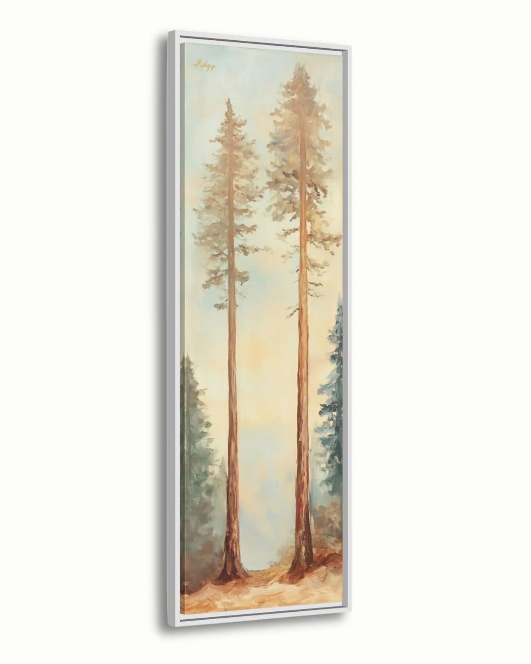 Twin Pines art print of two elegant forest trees under a soft sky. Canvas & framed canvas painting print, perfect for calm, nature-inspired home decor.