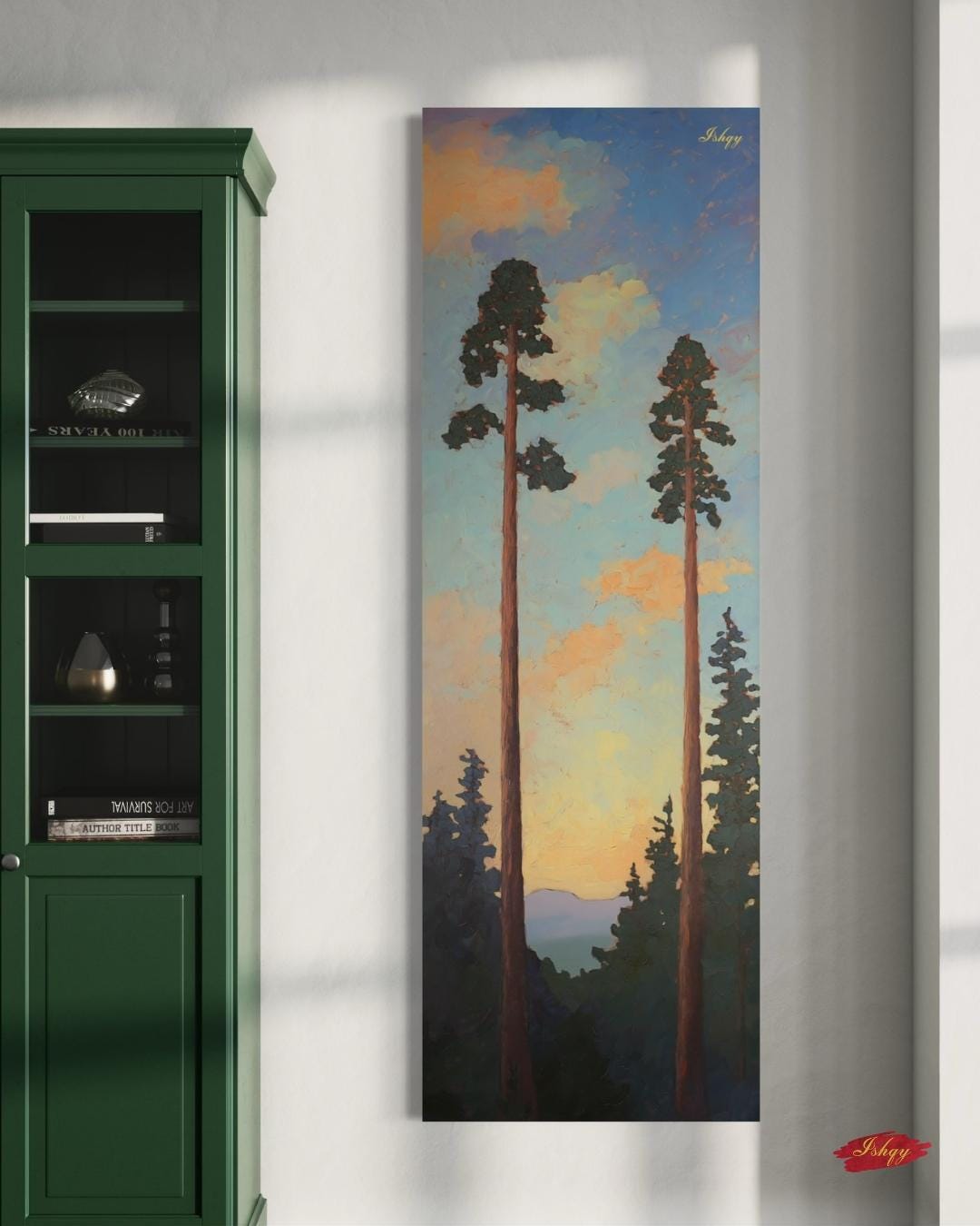 Sunset Pine Tree Wall Art, Tall Forest Canvas Print, Nature Landscape Painting, Framed Woodland Decor, Rustic Tree Art Print. Towering Tranquility art print featuring tall pines at dusk with a serene sky. Canvas & framed canvas painting print for cal