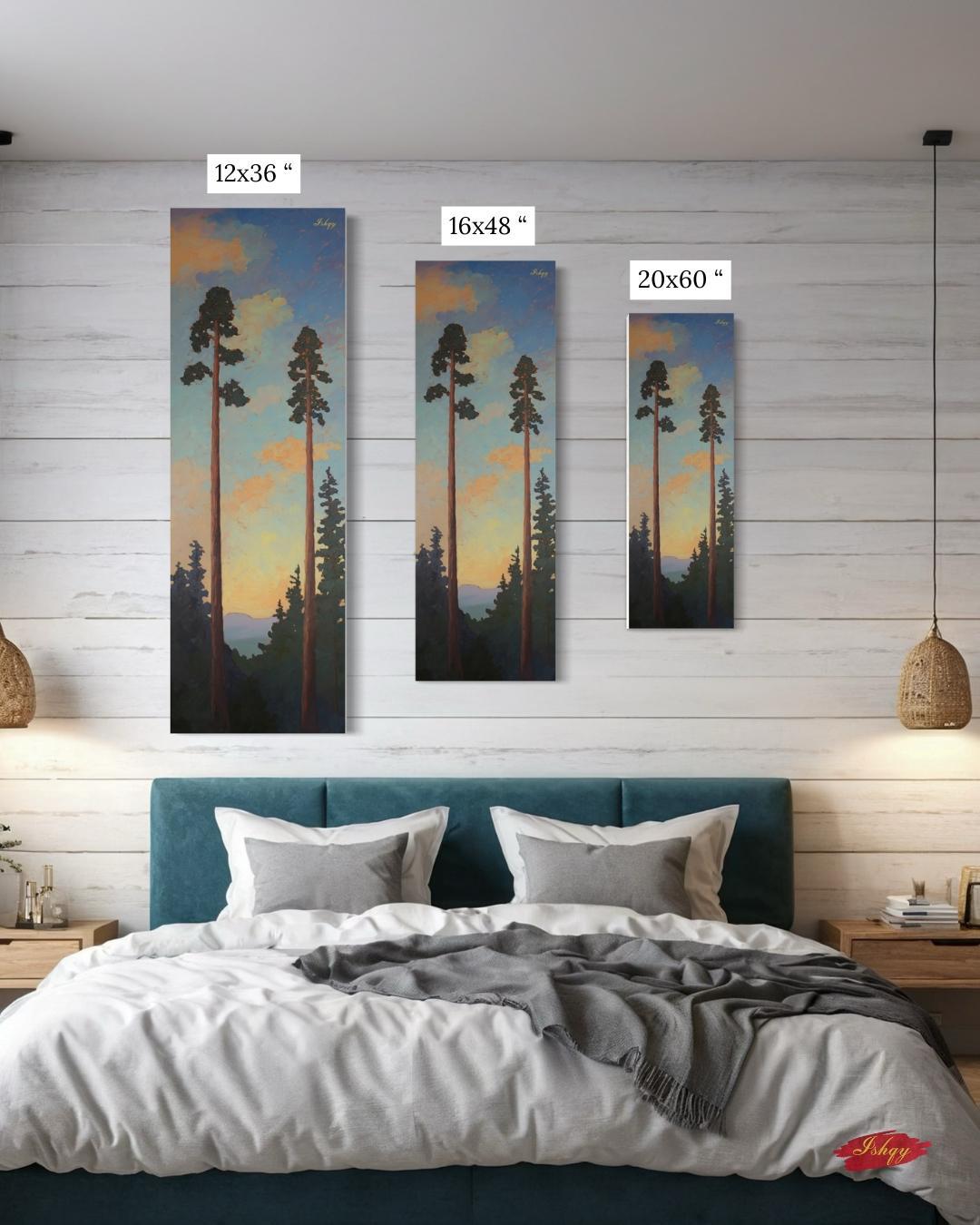 Sunset Pine Tree Wall Art, Tall Forest Canvas Print, Nature Landscape Painting, Framed Woodland Decor, Rustic Tree Art Print. Towering Tranquility art print featuring tall pines at dusk with a serene sky. Canvas & framed canvas painting print for cal