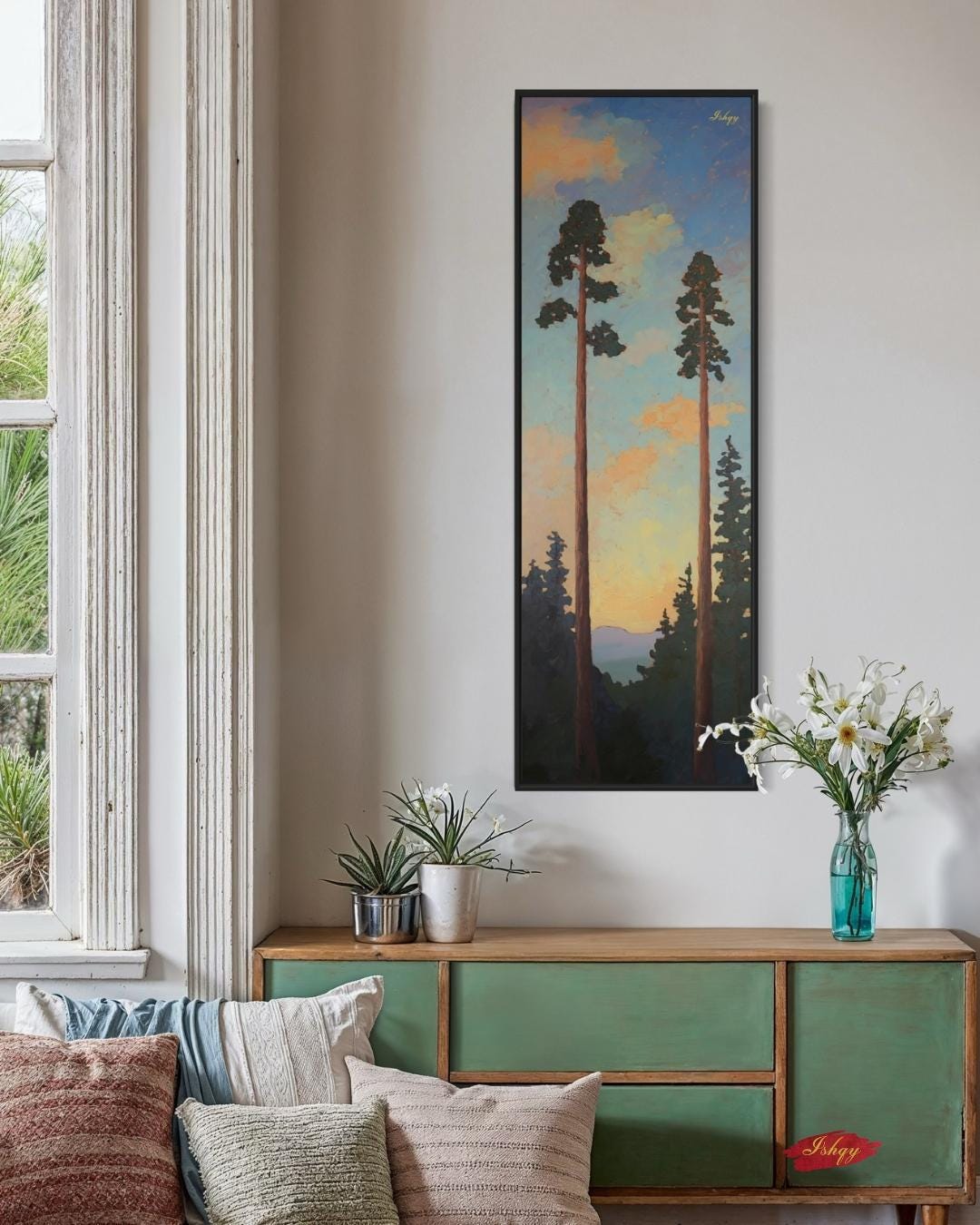 Sunset Pine Tree Wall Art, Tall Forest Canvas Print, Nature Landscape Painting, Framed Woodland Decor, Rustic Tree Art Print. Towering Tranquility art print featuring tall pines at dusk with a serene sky. Canvas & framed canvas painting print for cal