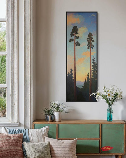 Sunset Pine Tree Wall Art, Tall Forest Canvas Print, Nature Landscape Painting, Framed Woodland Decor, Rustic Tree Art Print. Towering Tranquility art print featuring tall pines at dusk with a serene sky. Canvas & framed canvas painting print for cal
