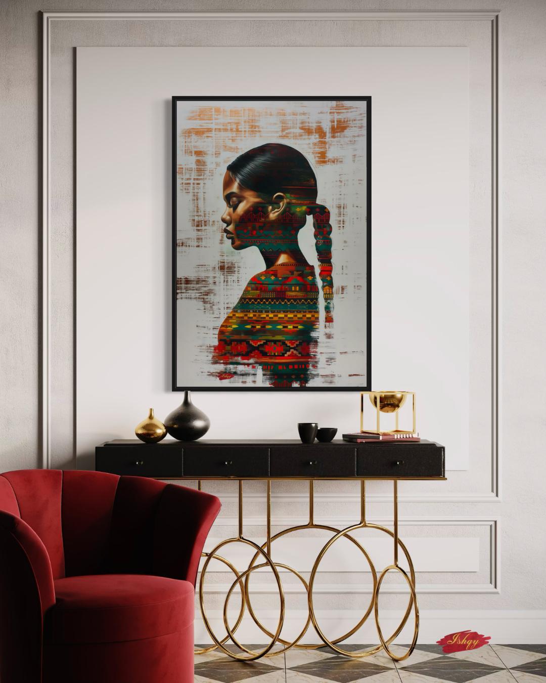 Afro-Latin Woman Wall Art Canvas Print with Colorful Ethnic Textiles, Venezuelan-Inspired Portrait Painting, Vertical Cultural Home Decor