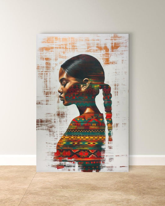 Afro-Latin Woman Wall Art Canvas Print with Colorful Ethnic Textiles, Venezuelan-Inspired Portrait Painting, Vertical Cultural Home Decor
