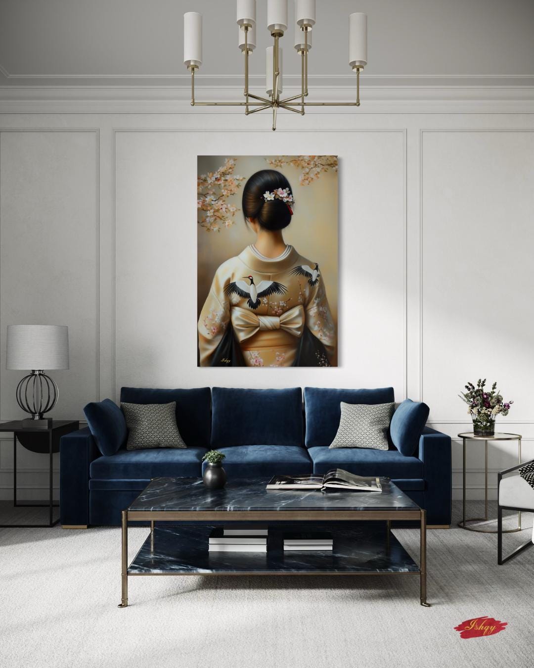 Japanese Woman in Kimono Wall Art, Geisha Back Portrait Canvas with Cherry Blossoms and Cranes, Asian Home Decor Artwork, Japanese Woman Wall Art Canvas Print with Crane Kimono and Cherry Blossoms, Vertical Asian Portrait Painting for Bedroom or Entryway