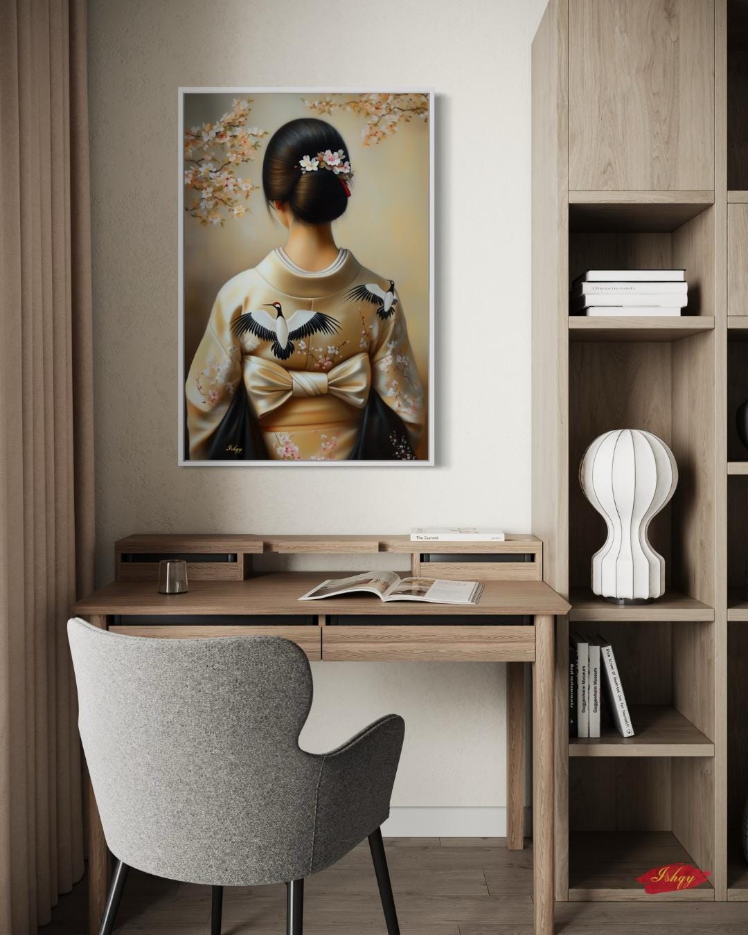 Japanese Woman in Kimono Wall Art, Geisha Back Portrait Canvas with Cherry Blossoms and Cranes, Asian Home Decor Artwork, Japanese Woman Wall Art Canvas Print with Crane Kimono and Cherry Blossoms, Vertical Asian Portrait Painting for Bedroom or Entryway