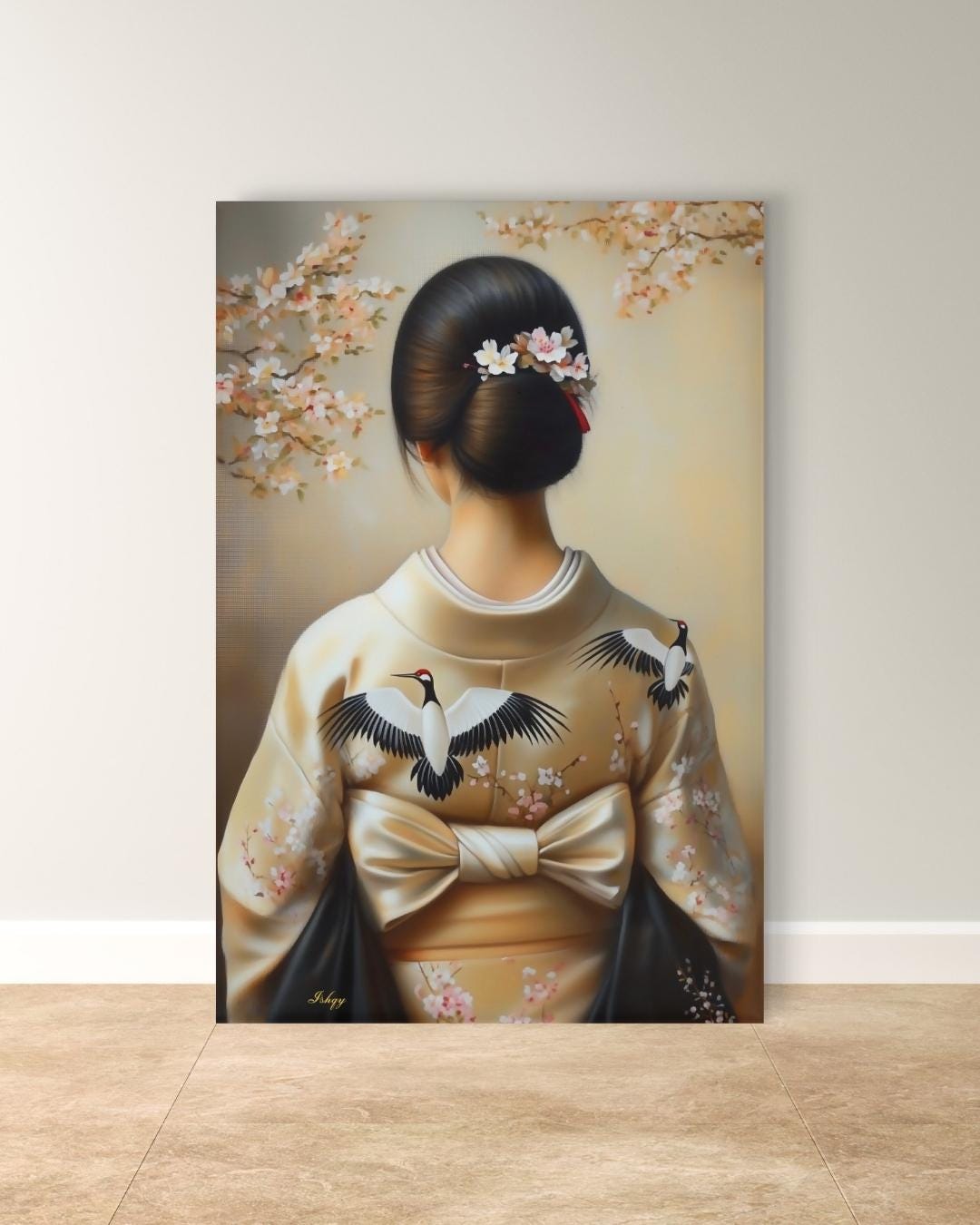 Japanese Woman in Kimono Wall Art, Geisha Back Portrait Canvas with Cherry Blossoms and Cranes, Asian Home Decor Artwork, Japanese Woman Wall Art Canvas Print with Crane Kimono and Cherry Blossoms, Vertical Asian Portrait Painting for Bedroom or Entryway