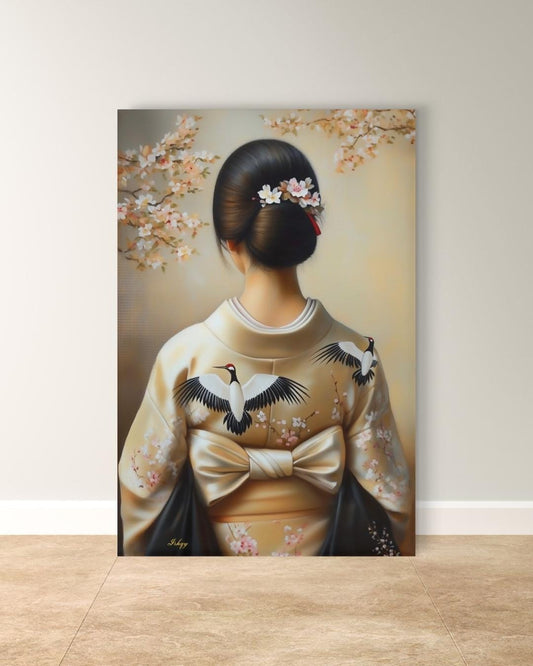 Japanese Woman in Kimono Wall Art, Geisha Back Portrait Canvas with Cherry Blossoms and Cranes, Asian Home Decor Artwork, Japanese Woman Wall Art Canvas Print with Crane Kimono and Cherry Blossoms, Vertical Asian Portrait Painting for Bedroom or Entryway