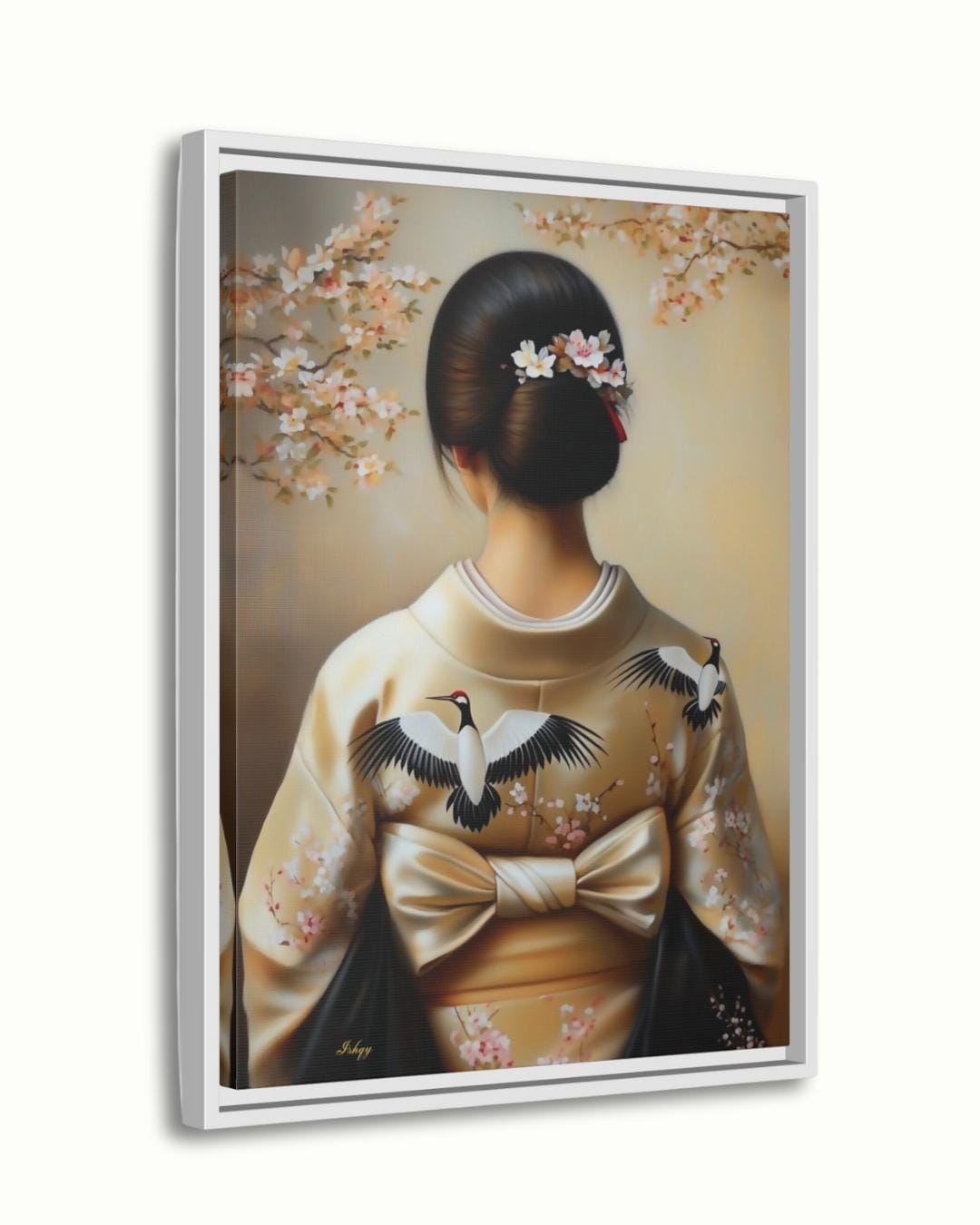 Japanese Woman in Kimono Wall Art, Geisha Back Portrait Canvas with Cherry Blossoms and Cranes, Asian Home Decor Artwork, Japanese Woman Wall Art Canvas Print with Crane Kimono and Cherry Blossoms, Vertical Asian Portrait Painting for Bedroom or Entryway