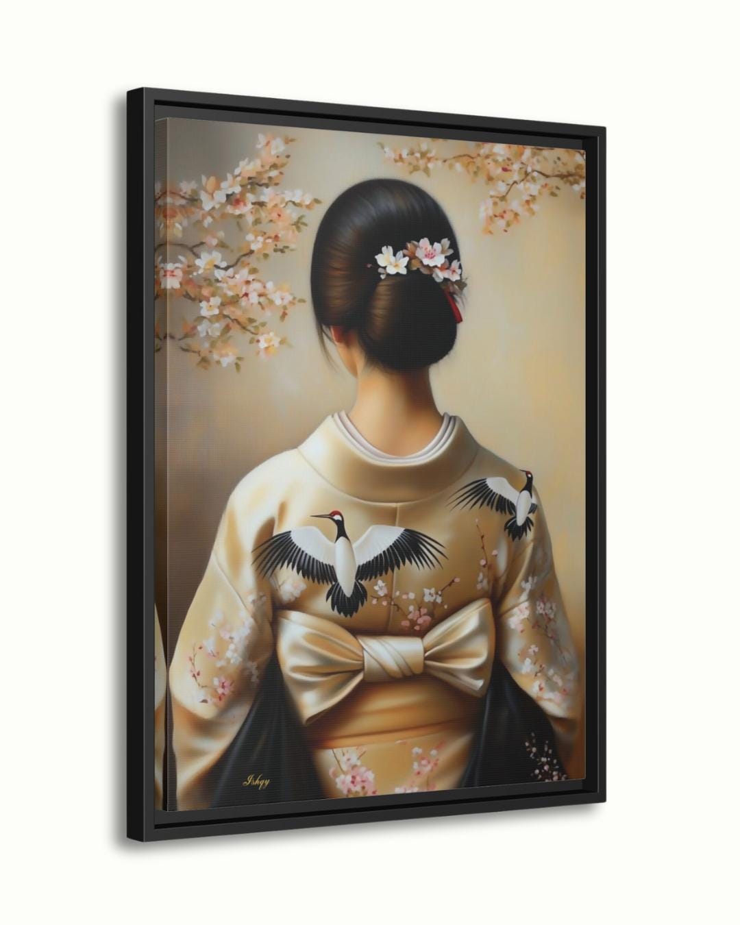 Japanese Woman in Kimono Wall Art, Geisha Back Portrait Canvas with Cherry Blossoms and Cranes, Asian Home Decor Artwork, Japanese Woman Wall Art Canvas Print with Crane Kimono and Cherry Blossoms, Vertical Asian Portrait Painting for Bedroom or Entryway
