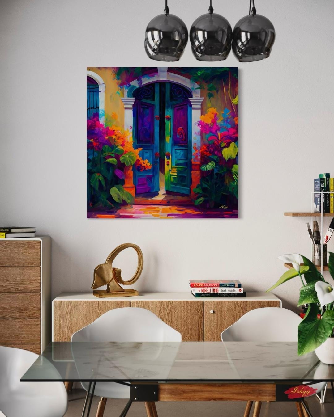 Umbral Florido | Vibrant Mexican Doorway Wall Art Print | IshqyBusiness. Bougainvillea Door art print of a vibrant Mexican doorway with lush flowers. Canvas & framed canvas painting print for joyful, colorful home wall decor.