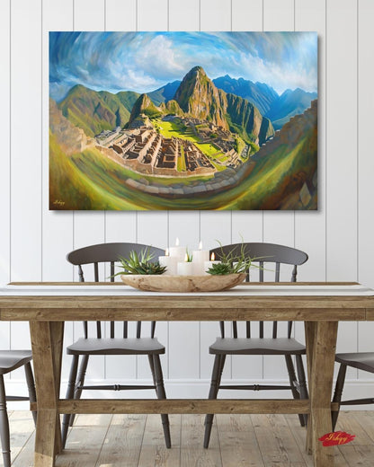 Inti’s Kingdom | Machu Picchu Incan Wall Art Print | IshqyBusiness. Inti’s Kingdom art print of Machu Picchu under the Andean sky. Canvas & framed canvas painting print for cultural, heritage-inspired home decor.