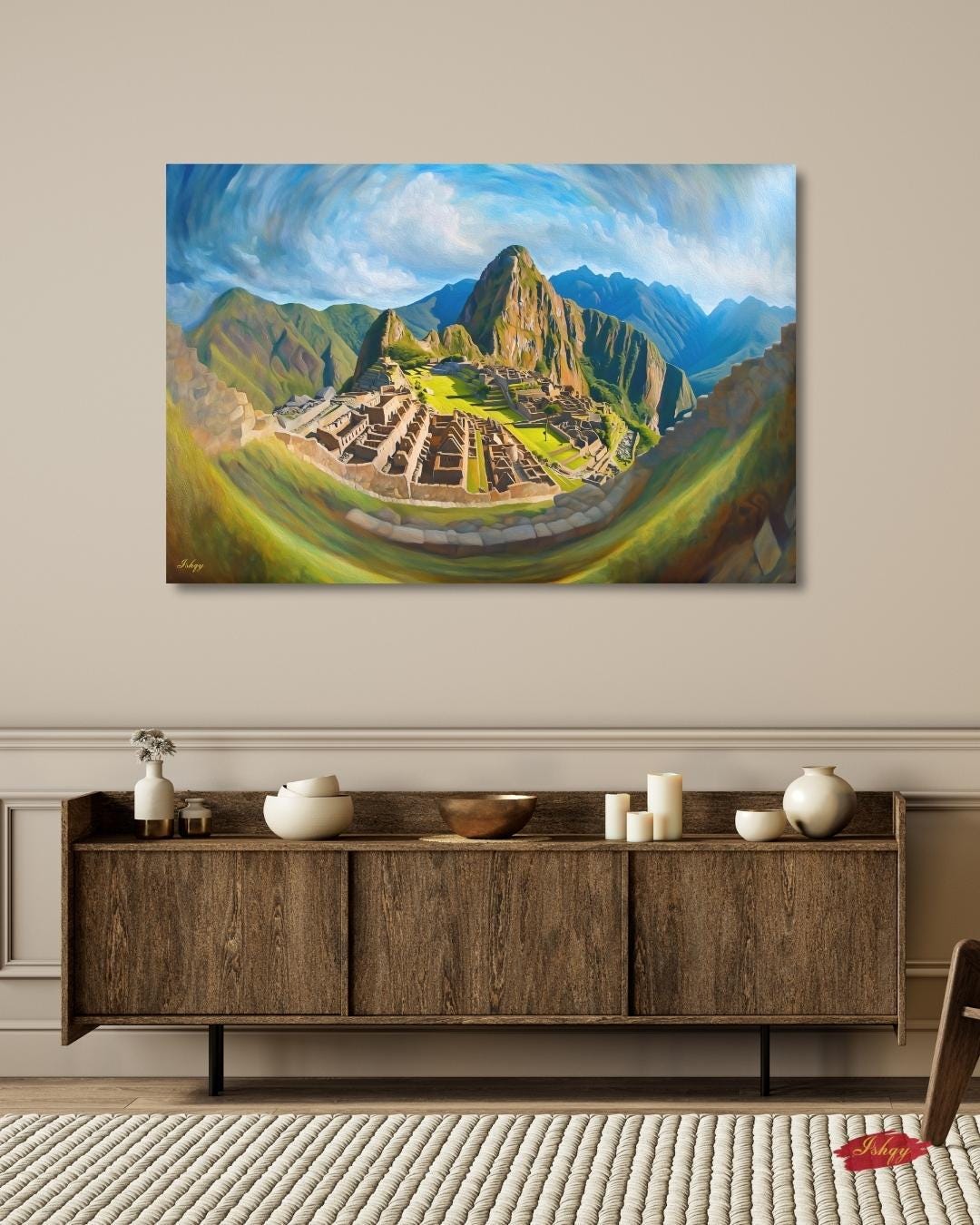 Inti’s Kingdom | Machu Picchu Incan Wall Art Print | IshqyBusiness. Inti’s Kingdom art print of Machu Picchu under the Andean sky. Canvas & framed canvas painting print for cultural, heritage-inspired home decor.
