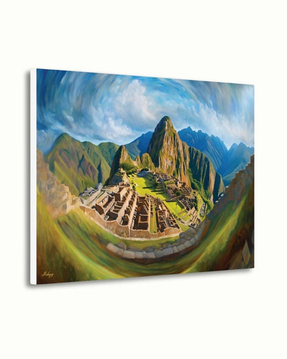Inti’s Kingdom | Machu Picchu Incan Wall Art Print | IshqyBusiness. Inti’s Kingdom art print of Machu Picchu under the Andean sky. Canvas & framed canvas painting print for cultural, heritage-inspired home decor.