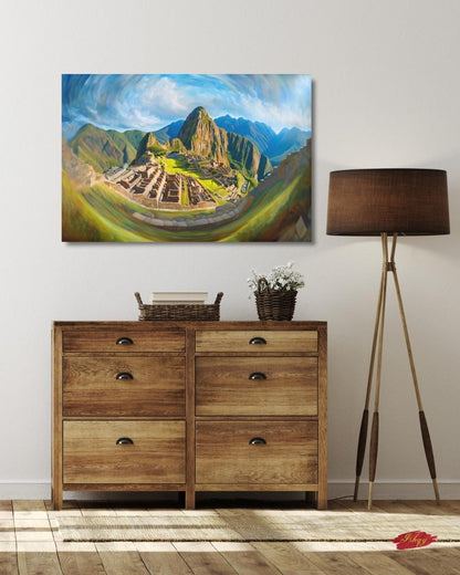 Inti’s Kingdom | Machu Picchu Incan Wall Art Print | IshqyBusiness. Inti’s Kingdom art print of Machu Picchu under the Andean sky. Canvas & framed canvas painting print for cultural, heritage-inspired home decor.