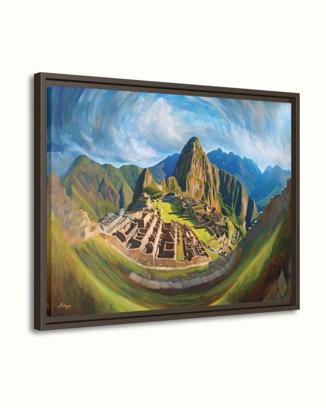 Inti’s Kingdom | Machu Picchu Incan Wall Art Print | IshqyBusiness. Inti’s Kingdom art print of Machu Picchu under the Andean sky. Canvas & framed canvas painting print for cultural, heritage-inspired home decor.