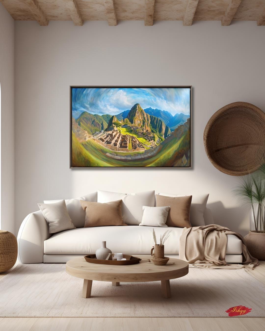 Inti’s Kingdom | Machu Picchu Incan Wall Art Print | IshqyBusiness. Inti’s Kingdom art print of Machu Picchu under the Andean sky. Canvas & framed canvas painting print for cultural, heritage-inspired home decor.