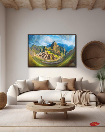 Inti’s Kingdom | Machu Picchu Incan Wall Art Print | IshqyBusiness. Inti’s Kingdom art print of Machu Picchu under the Andean sky. Canvas & framed canvas painting print for cultural, heritage-inspired home decor.