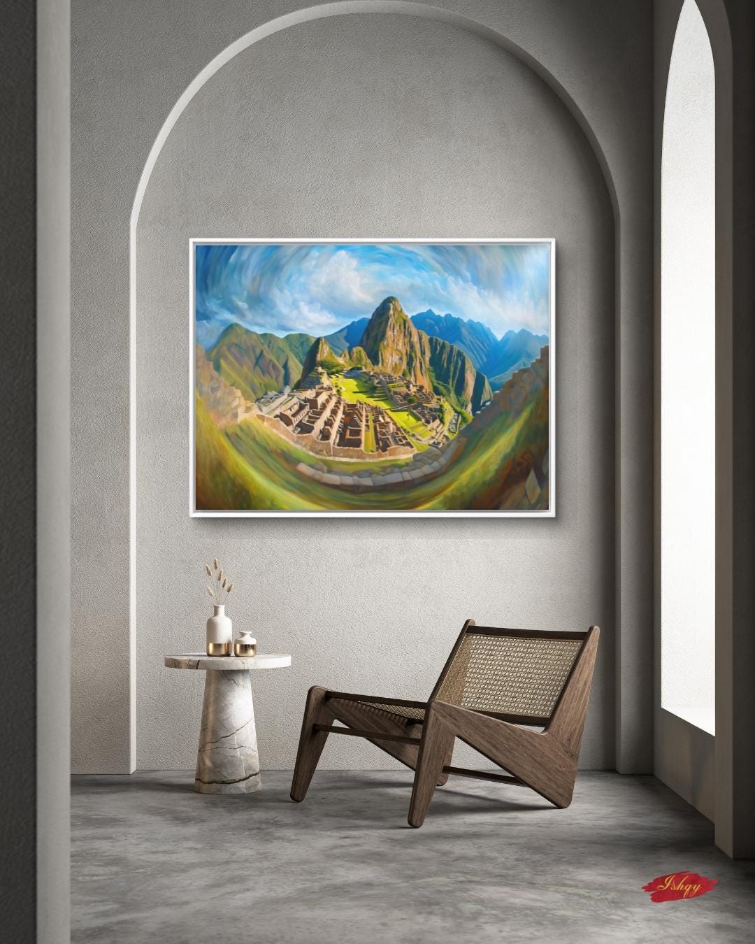 Inti’s Kingdom | Machu Picchu Incan Wall Art Print | IshqyBusiness. Inti’s Kingdom art print of Machu Picchu under the Andean sky. Canvas & framed canvas painting print for cultural, heritage-inspired home decor.