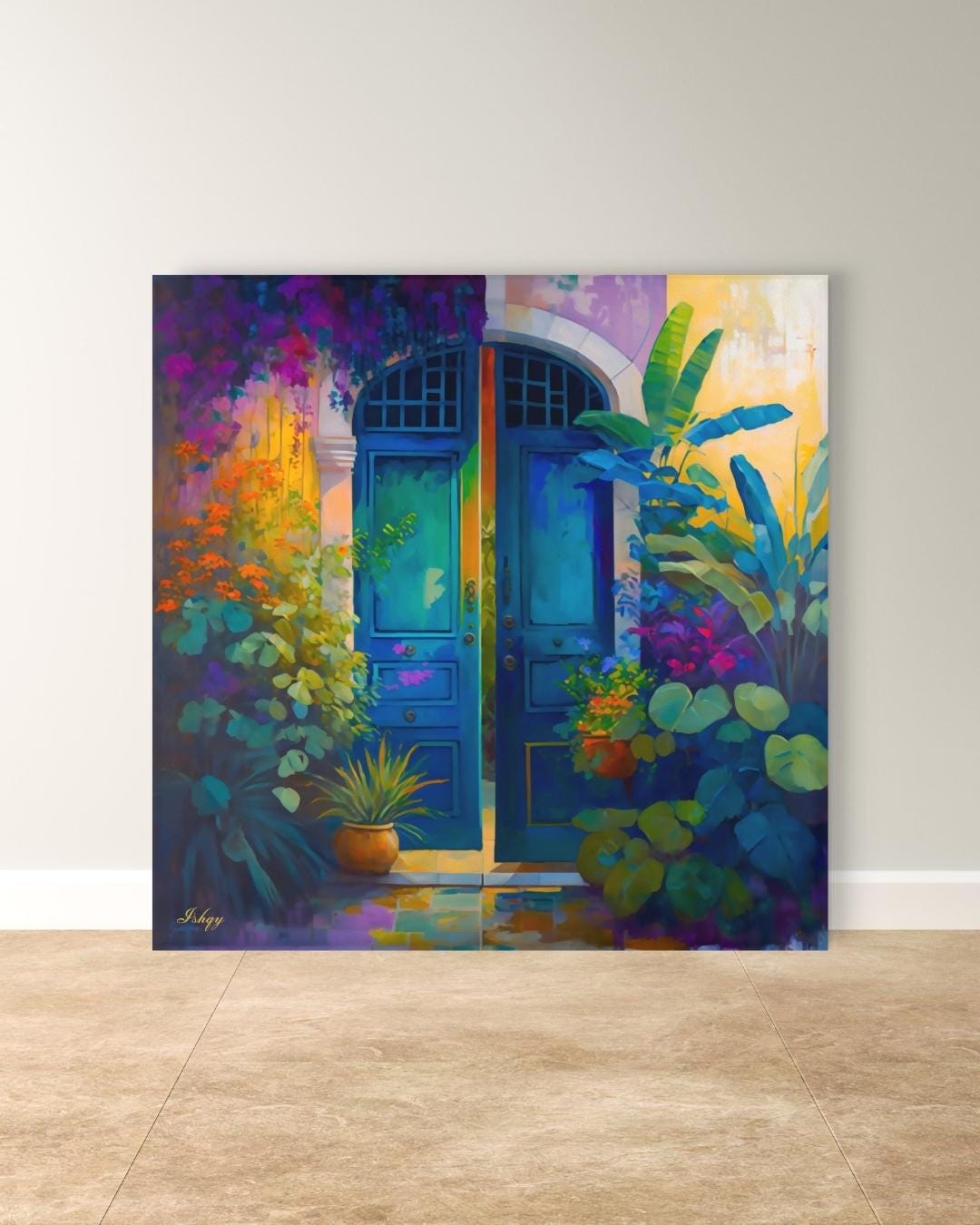 Azul Colonial | Colonial Doorway Wall Art Print | IshqyBusiness. Azul Colonial art print featuring a colorful colonial doorway with lush foliage. Canvas & framed canvas painting print for vibrant, cultural home decor.
Mexican Door Wall Art, Vibrant Floral Rustic Doorway Canvas Print, Colorful Boho Entry Painting, Exotic Framed Art for Home Decor