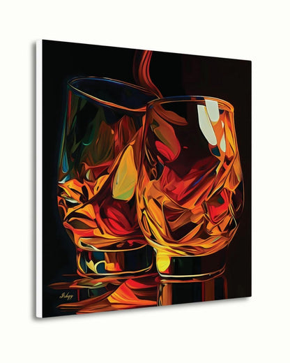 Whiskey Wall Art Canvas Print with Glass Pour Still Life, Square Bar and Lounge Decor, Bold Drink Painting for Kitchen or Home Bar Area