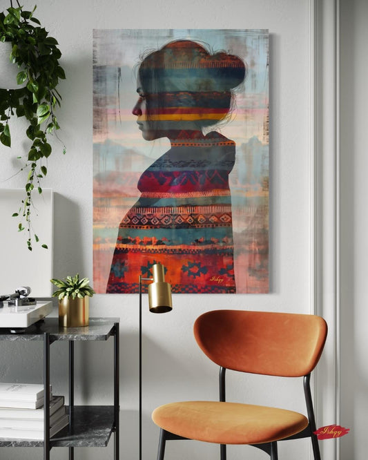 Mujer Mapuche | Chilean Silhouette Wall Art Print | IshqyBusiness. Mujer Mapuche art print featuring a Chilean woman’s silhouette with vibrant Mapuche patterns. Canvas & framed canvas painting print for meaningful home decor.