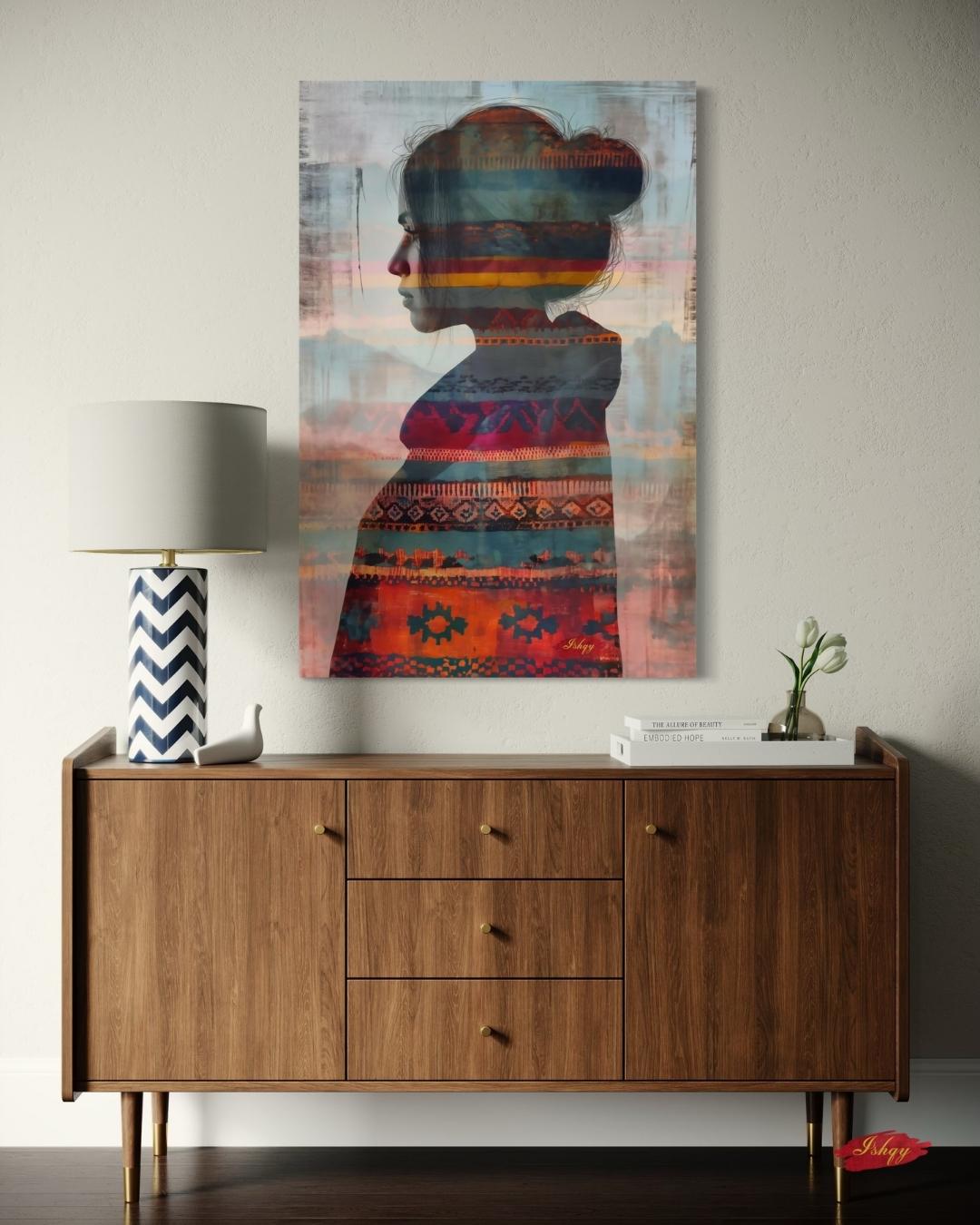 Mujer Mapuche | Chilean Silhouette Wall Art Print | IshqyBusiness. Mujer Mapuche art print featuring a Chilean woman’s silhouette with vibrant Mapuche patterns. Canvas & framed canvas painting print for meaningful home decor.