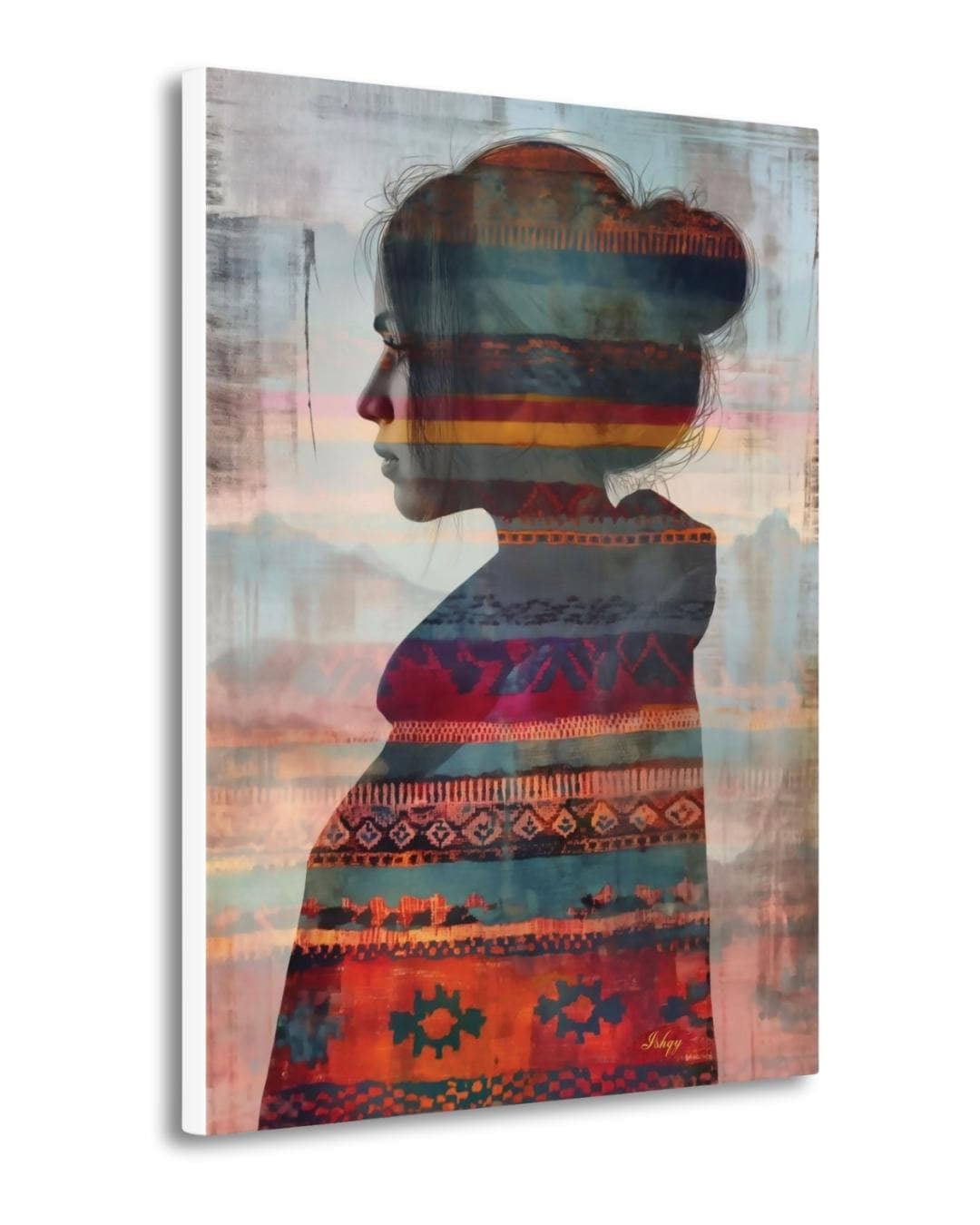 Mujer Mapuche | Chilean Silhouette Wall Art Print | IshqyBusiness. Mujer Mapuche art print featuring a Chilean woman’s silhouette with vibrant Mapuche patterns. Canvas & framed canvas painting print for meaningful home decor.