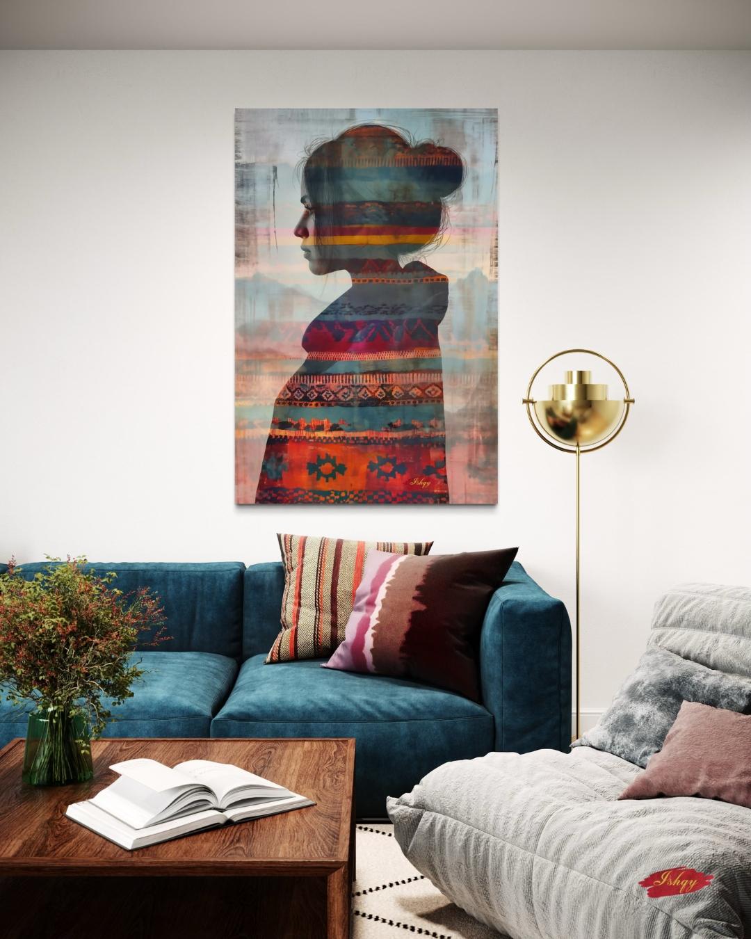 Mujer Mapuche | Chilean Silhouette Wall Art Print | IshqyBusiness. Mujer Mapuche art print featuring a Chilean woman’s silhouette with vibrant Mapuche patterns. Canvas & framed canvas painting print for meaningful home decor.