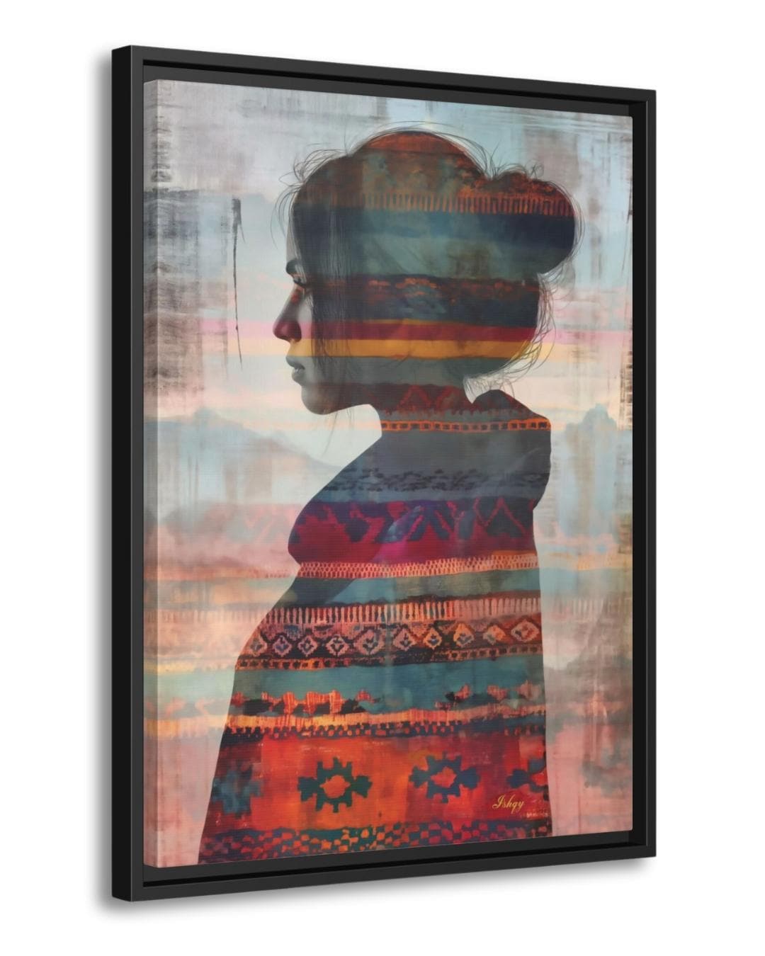 Mujer Mapuche | Chilean Silhouette Wall Art Print | IshqyBusiness. Mujer Mapuche art print featuring a Chilean woman’s silhouette with vibrant Mapuche patterns. Canvas & framed canvas painting print for meaningful home decor.